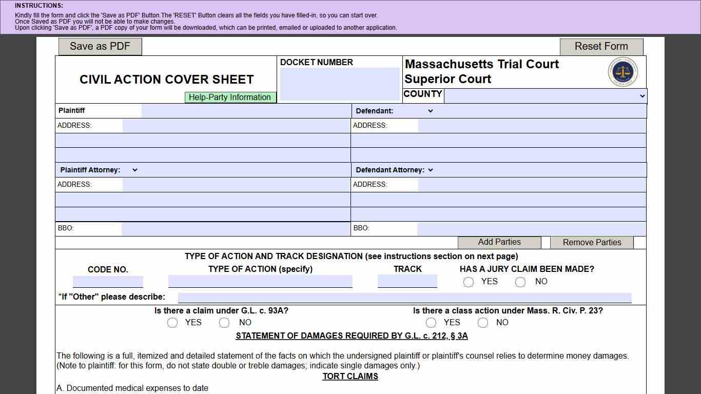 Superior Court Civil Action Cover Sheet